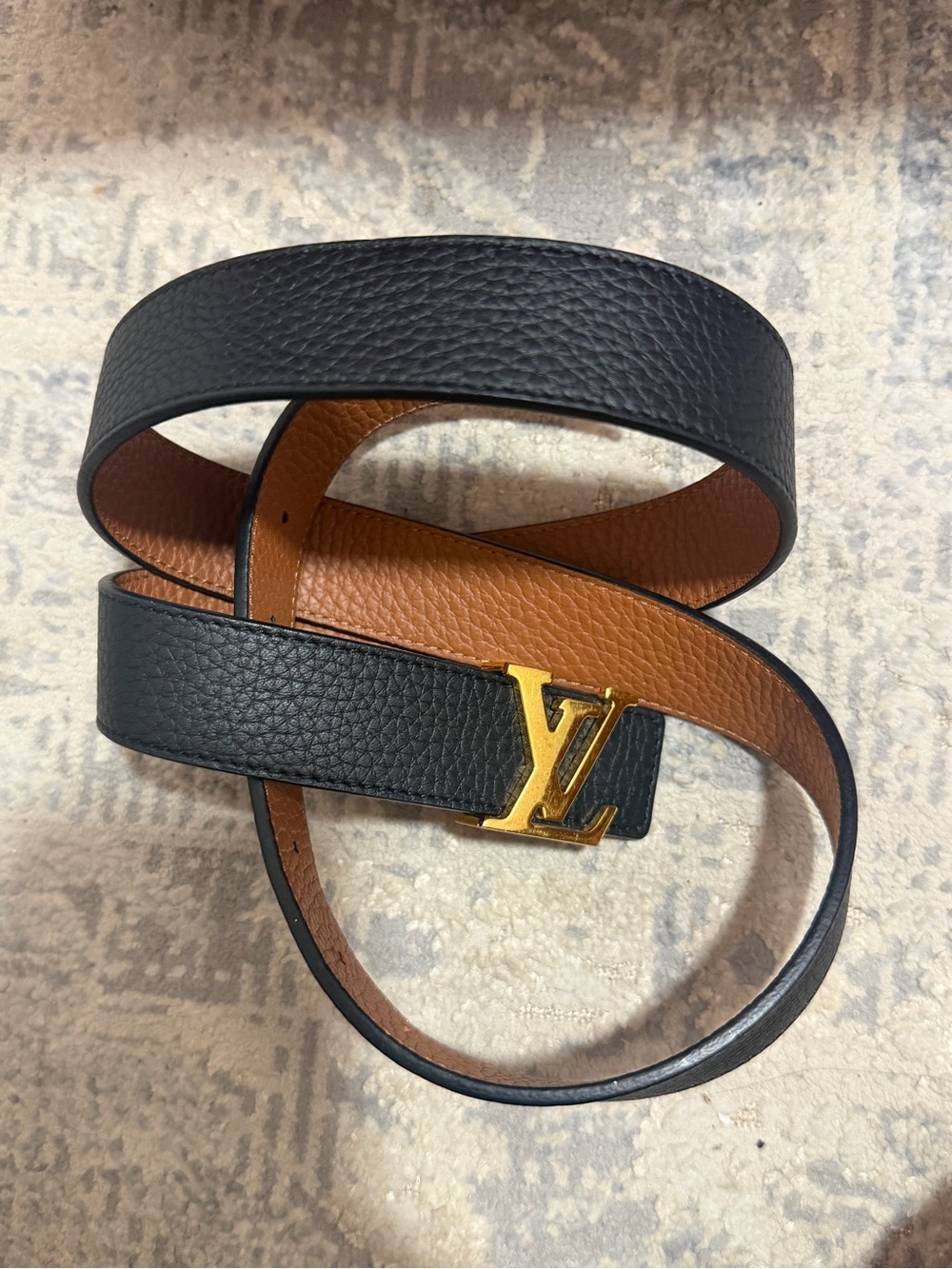 Louis Vuitton Black and Tan Reversible Leather Belt with Gold LV Buckle